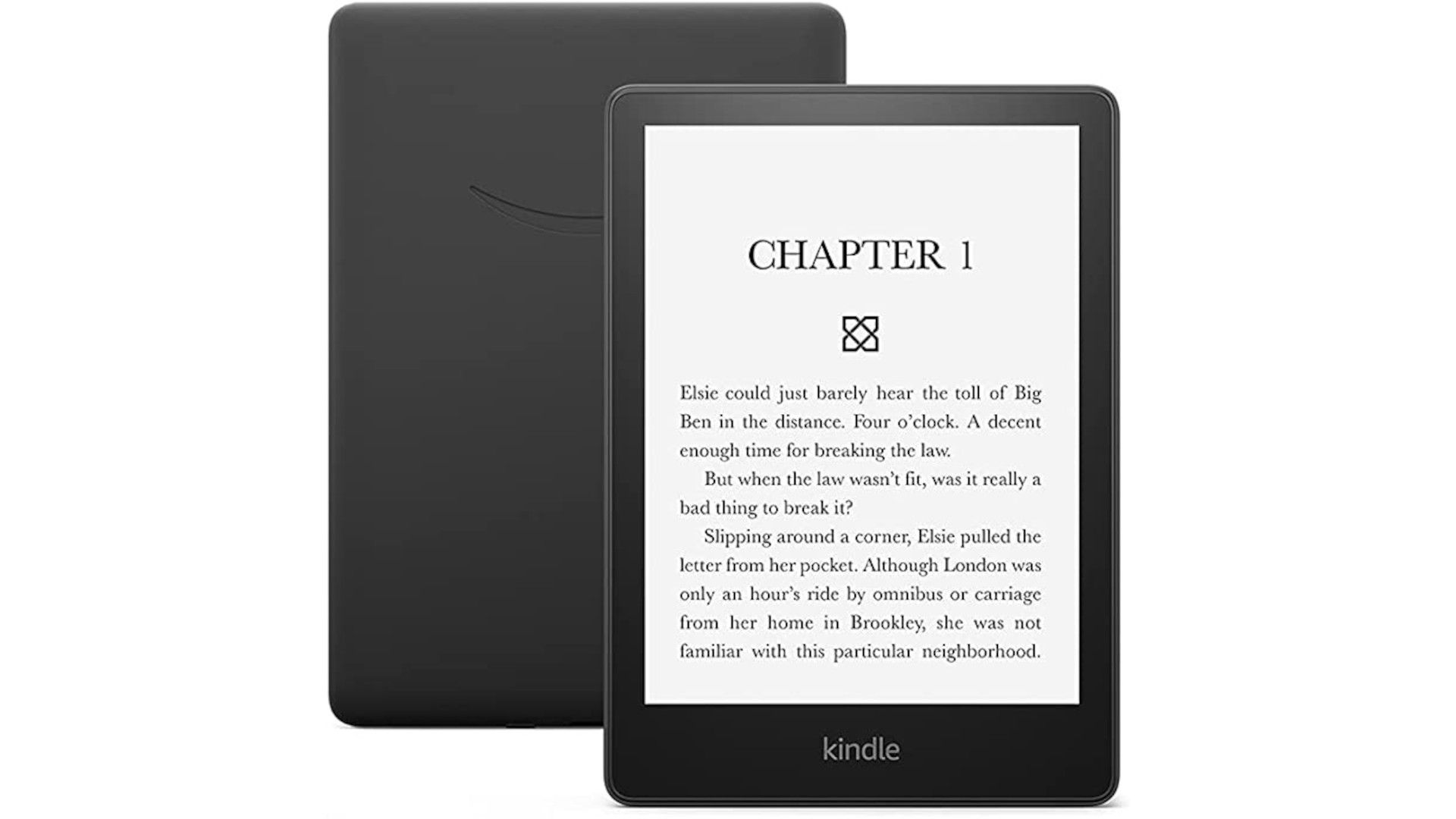 Kindle Paperwhite в чёрном корпусе на белом фоне.