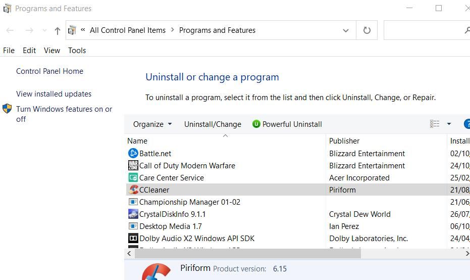 Пункт Удалить для CCleaner в панели программ