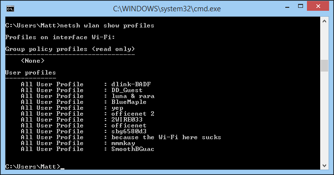 Скриншот: netsh wlan show profiles вывод