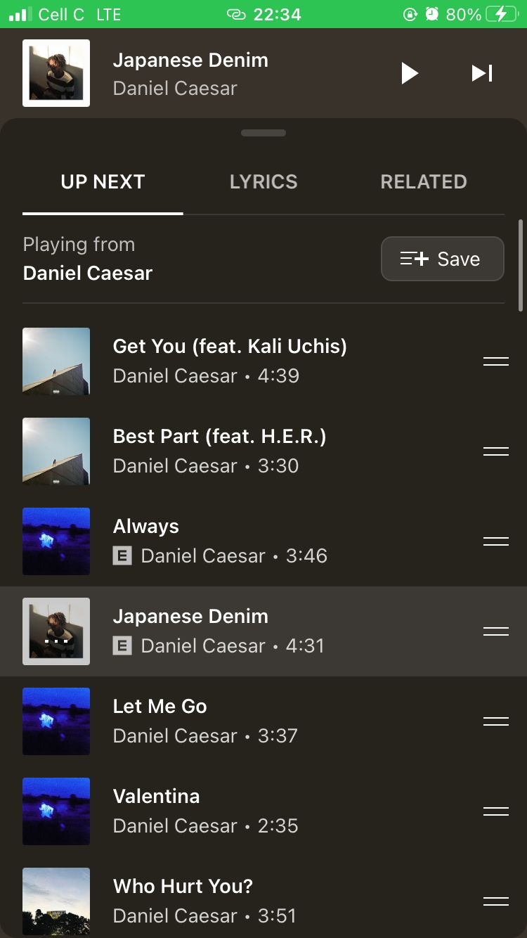 Вкладка 'Up Next' в мобильном приложении YouTube Music