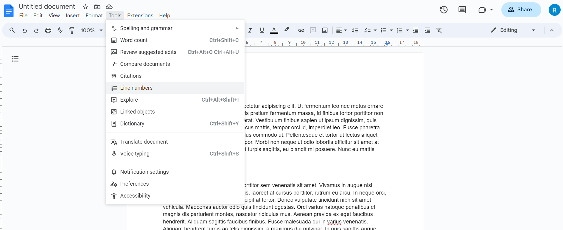 Меню Инструменты в Google Docs