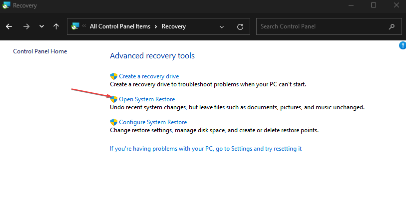 Окно открытия восстановления системы
