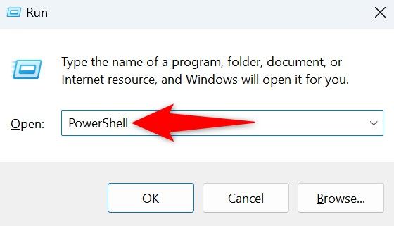 PowerShell введён в окно Выполнить.