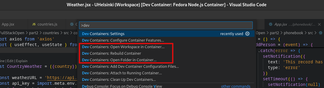 Список команд в палитре VS Code по работе с Dev Containers