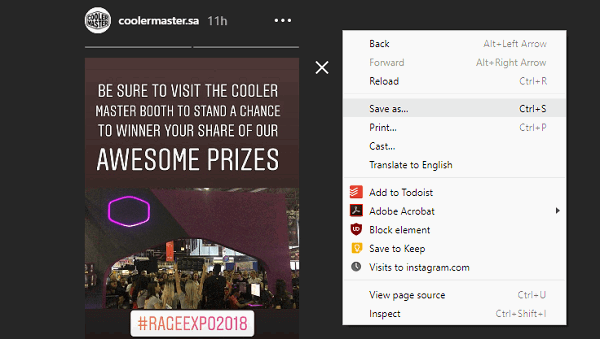 Контекстное меню браузера при сохранении страницы Instagram Story