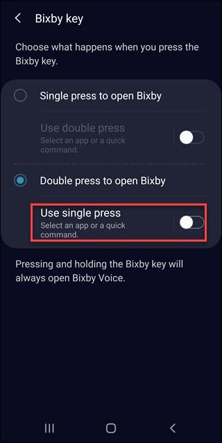 Настройки кнопки Bixby с включённой опцией Использовать одиночное нажатие
