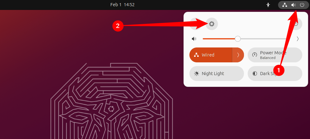 Нажмите на иконки состояния системы, затем на значок шестерёнки, чтобы открыть «Настройки».