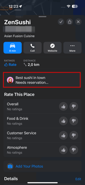 Просмотр заметки для сохранённой локации в Apple Maps.