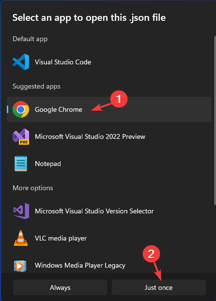 Выбор Google Chrome и опция Только один раз