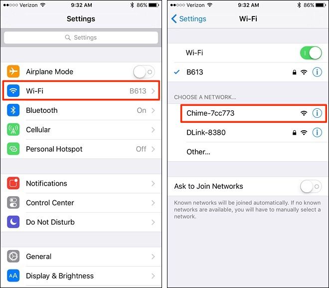 Настройки iPhone: подключение к Wi‑Fi сети Chime-xxxxxx