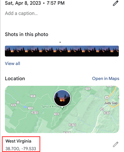 Координаты GPS отображаются под картой в приложении Google Фото