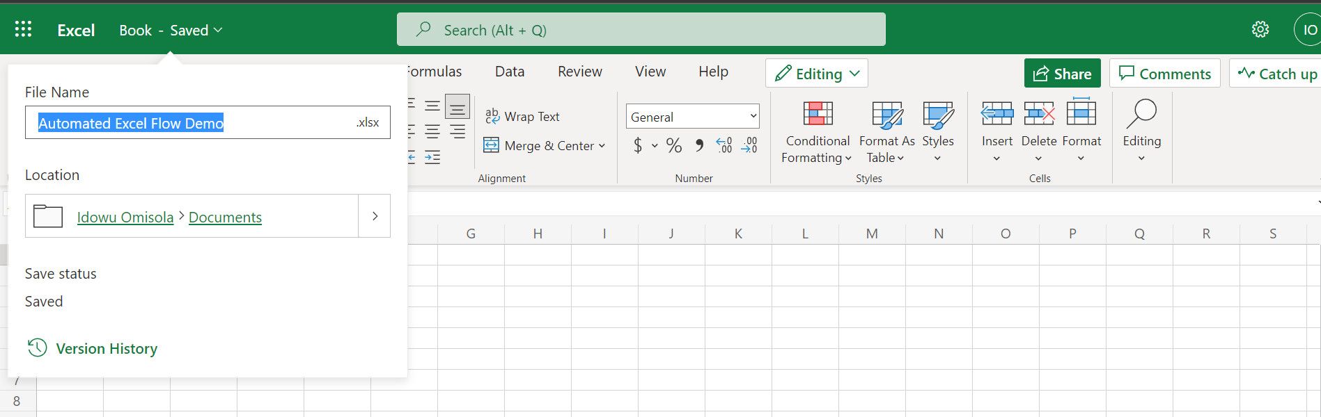 Онлайн-редактор Excel с полем для имени файла