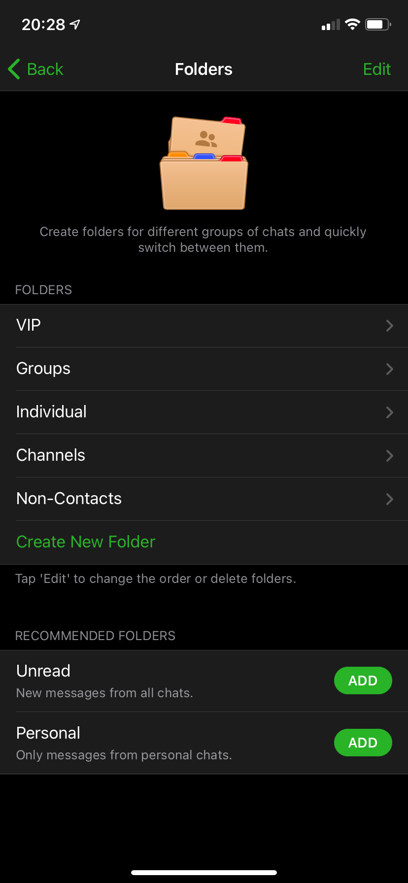 Скриншот: домашняя страница управления папками в Telegram на iOS