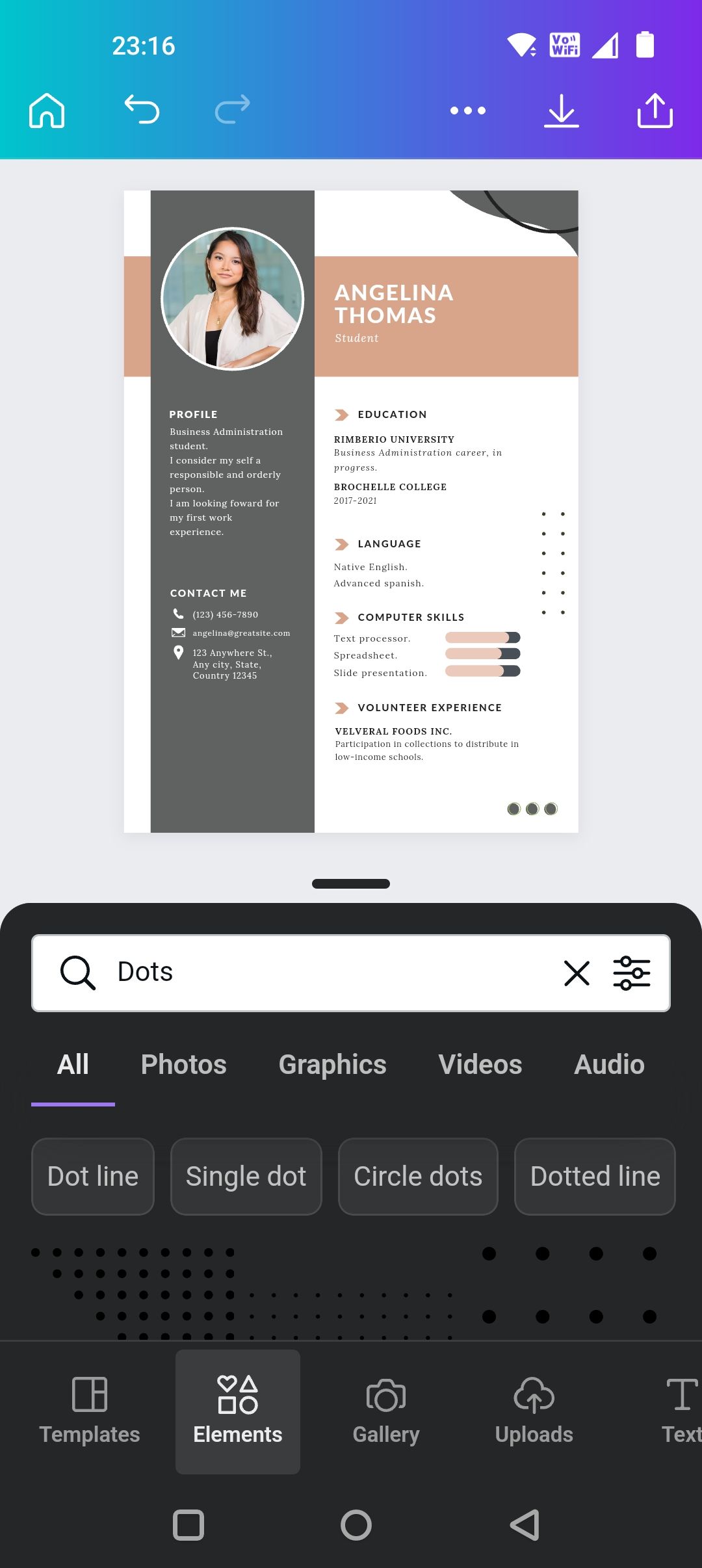 Добавление декоративных элементов в резюме в Canva