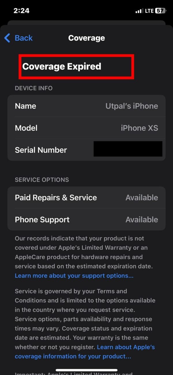 Экран Coverage в приложении Apple Support с информацией о покрытии