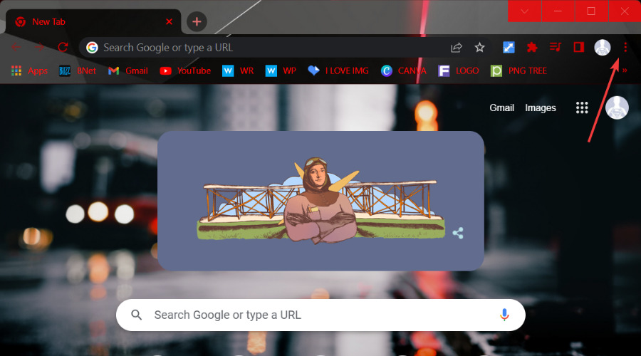 Кнопка меню с тремя точками в правом верхнем углу Chrome