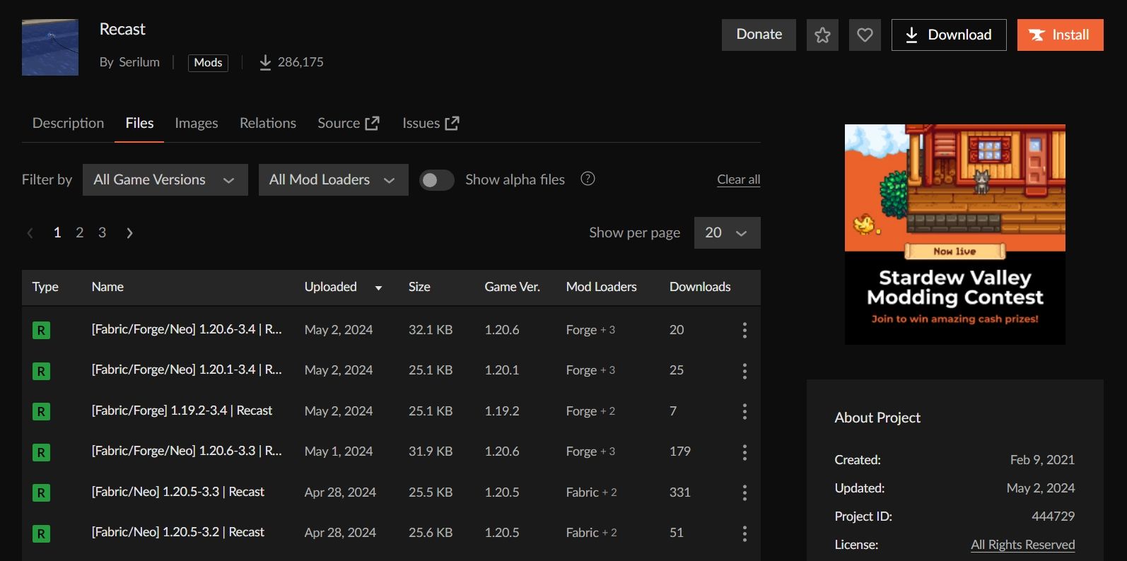 Страница с файлами модов на CurseForge, показывающая список версий.