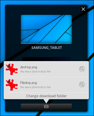 Открытие папки загрузок в Filedrop