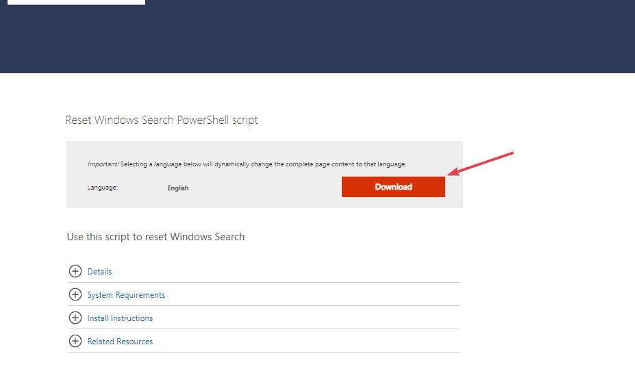 Страница загрузки Microsoft для ResetWindowsSearchBox.ps1
