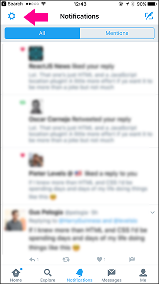 Уведомления в мобильном приложении Twitter — значок шестерёнки