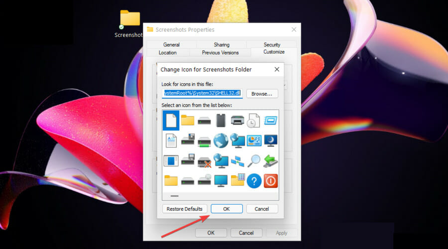 Окно выбора значка для папки в Windows 11