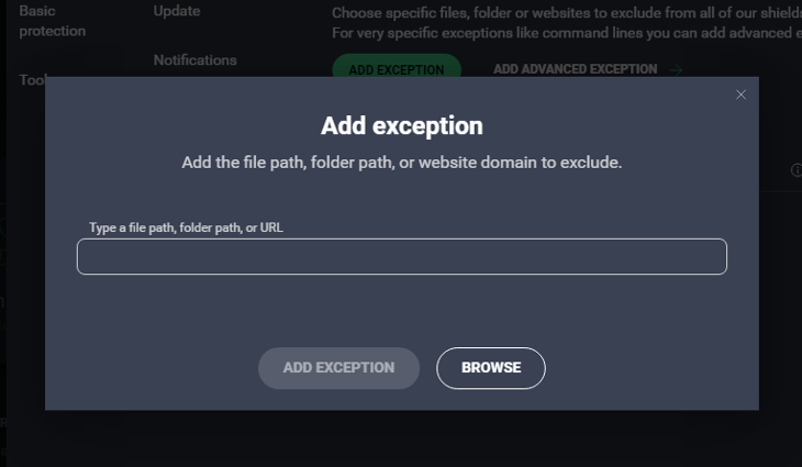 Окно настроек антивируса — добавление исключений