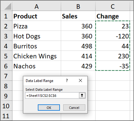 Выбор диапазона ячеек для подписей данных