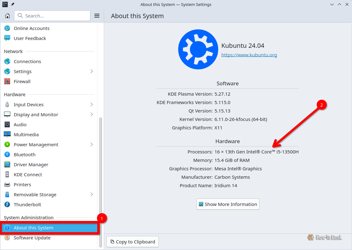 Окно настроек KDE Plasma со сведениями о процессоре