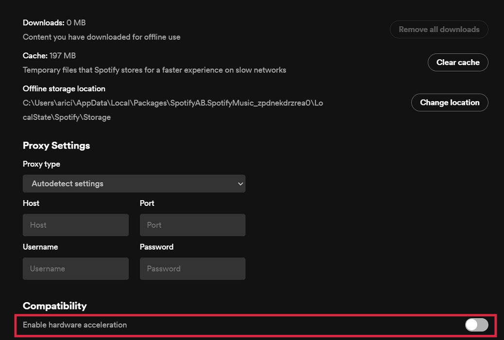 Отключение опции «Включить аппаратное ускорение» в десктопном клиенте Spotify