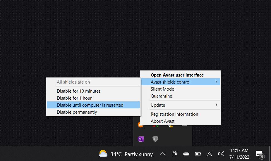 Временное отключение антивируса Avast