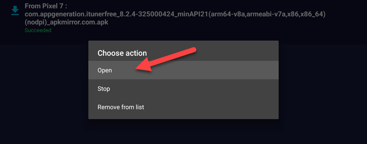 Меню с опцией Open для APK