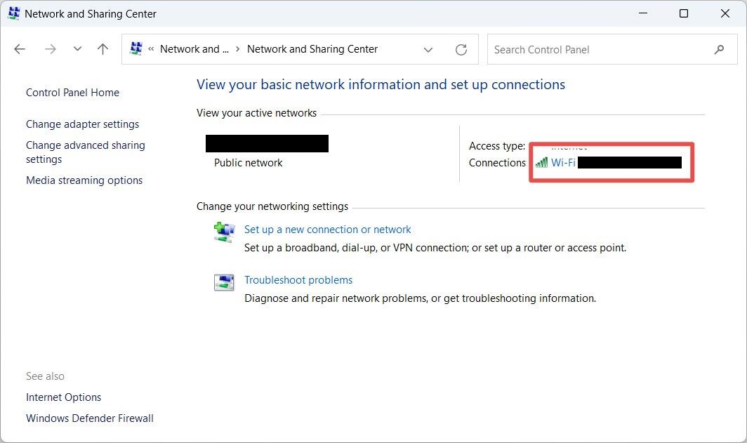 Выбор сети в Центре управления сетями Windows.