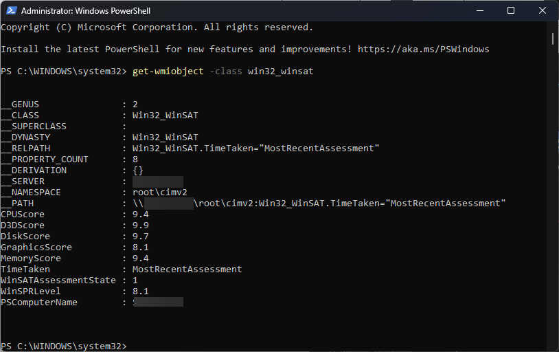 Вывод команды get-wmiobject -class win32_winsat в PowerShell