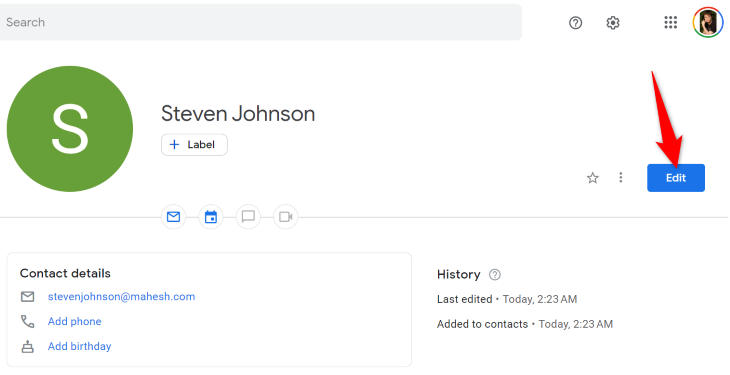 Снимок интерфейса Google Contacts: кнопка «Редактировать» справа.