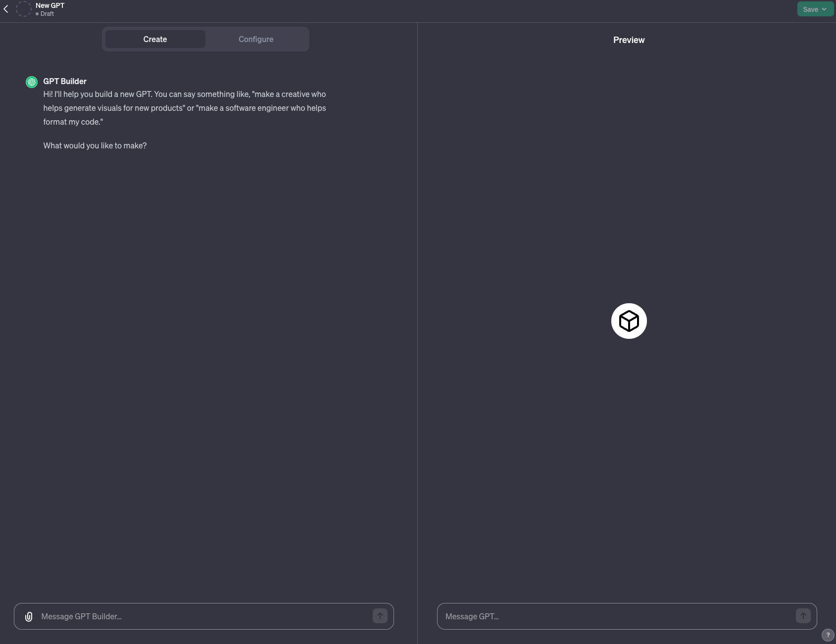 The main GPT Builder Interface with the builder bot on the left and the preview of the custom bot on the right.