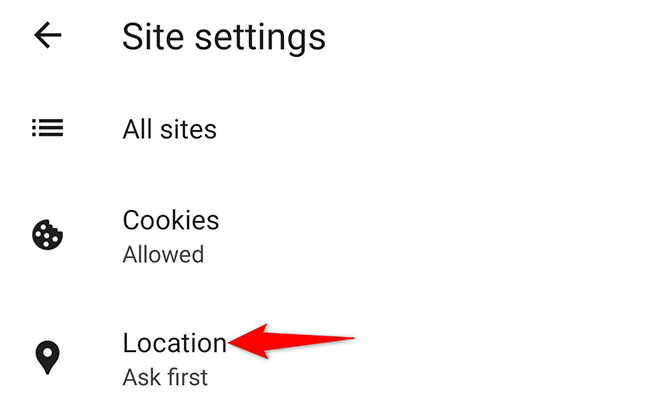 Пункт «Местоположение» в настройках сайтов на мобильном