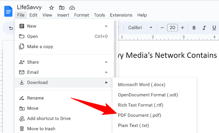 Выберите Файл > Скачать > PDF‑документ.