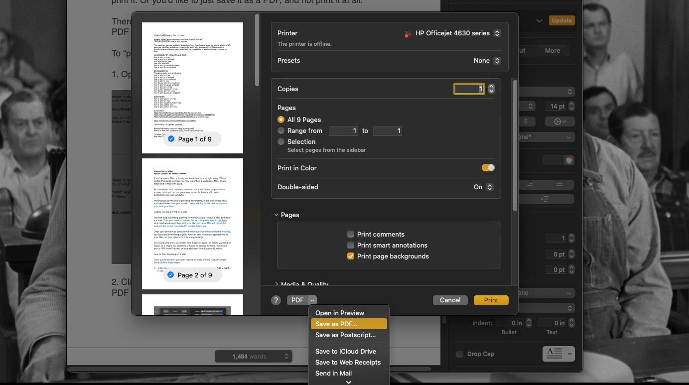 Выделенный пункт Save As PDF в выпадающем меню PDF внутри меню печати macOS