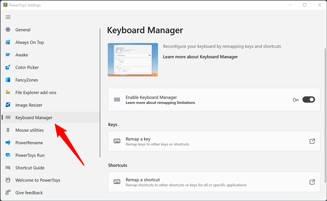 Откройте PowerToys и выберите раздел «Keyboard Manager».