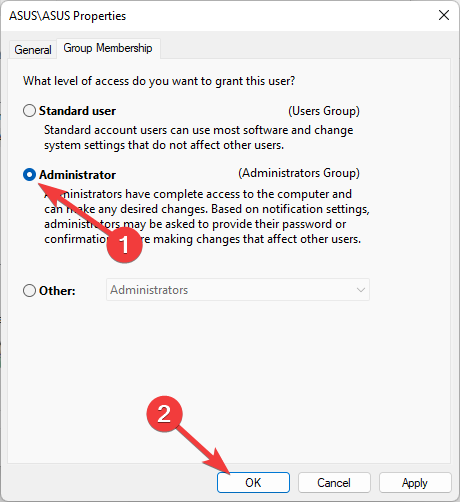 Окно смены типа учётной записи и групп Membership