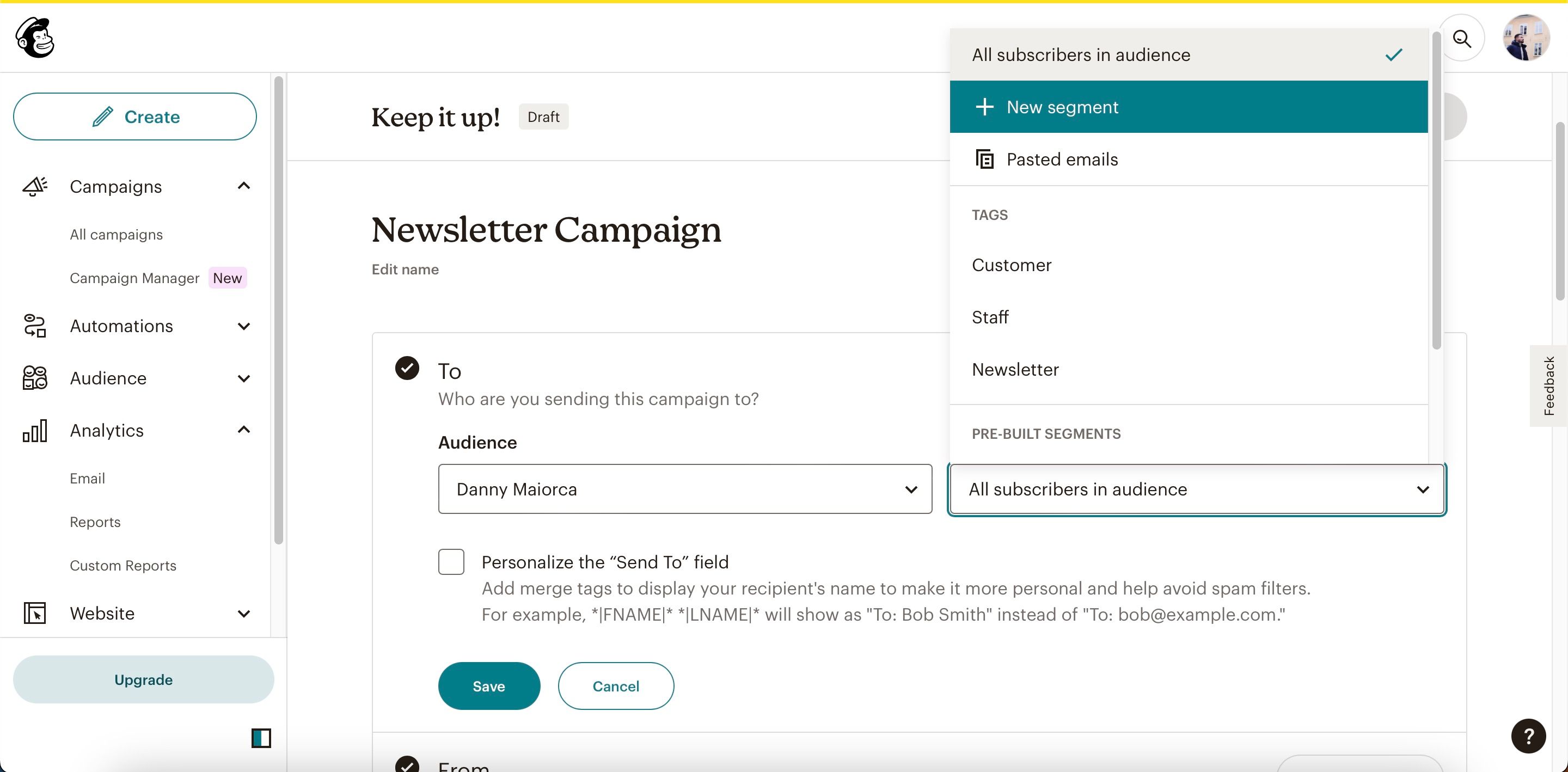Добавление сегментов в кампанию Mailchimp