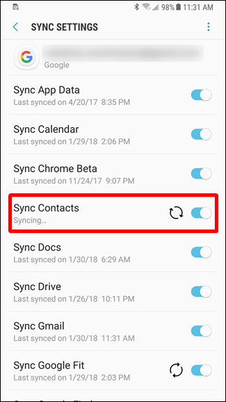 Параметры синхронизации контактов на Android