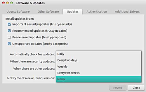 Меню выбора частоты автоматической проверки обновлений