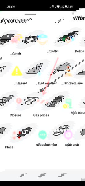 Экран с опцией «Закрытие» в приложении Waze; кнопка закрытия отмечена.