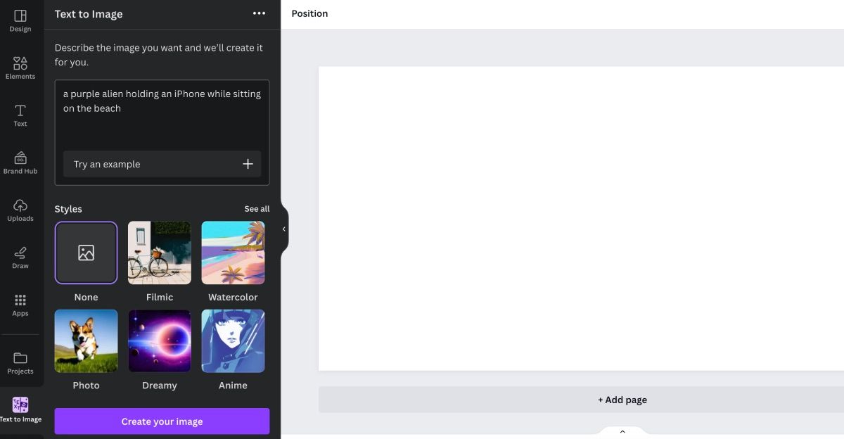 Canva text to image feature open