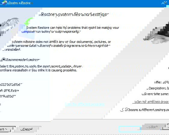 Интерфейс восстановления системы в Windows