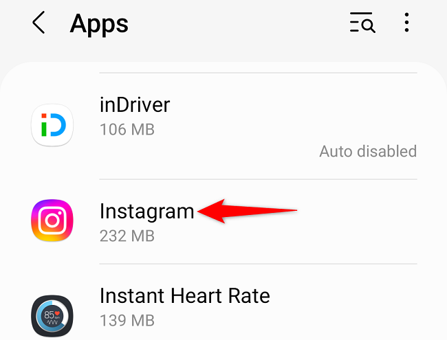 Выберите Instagram в списке приложений.