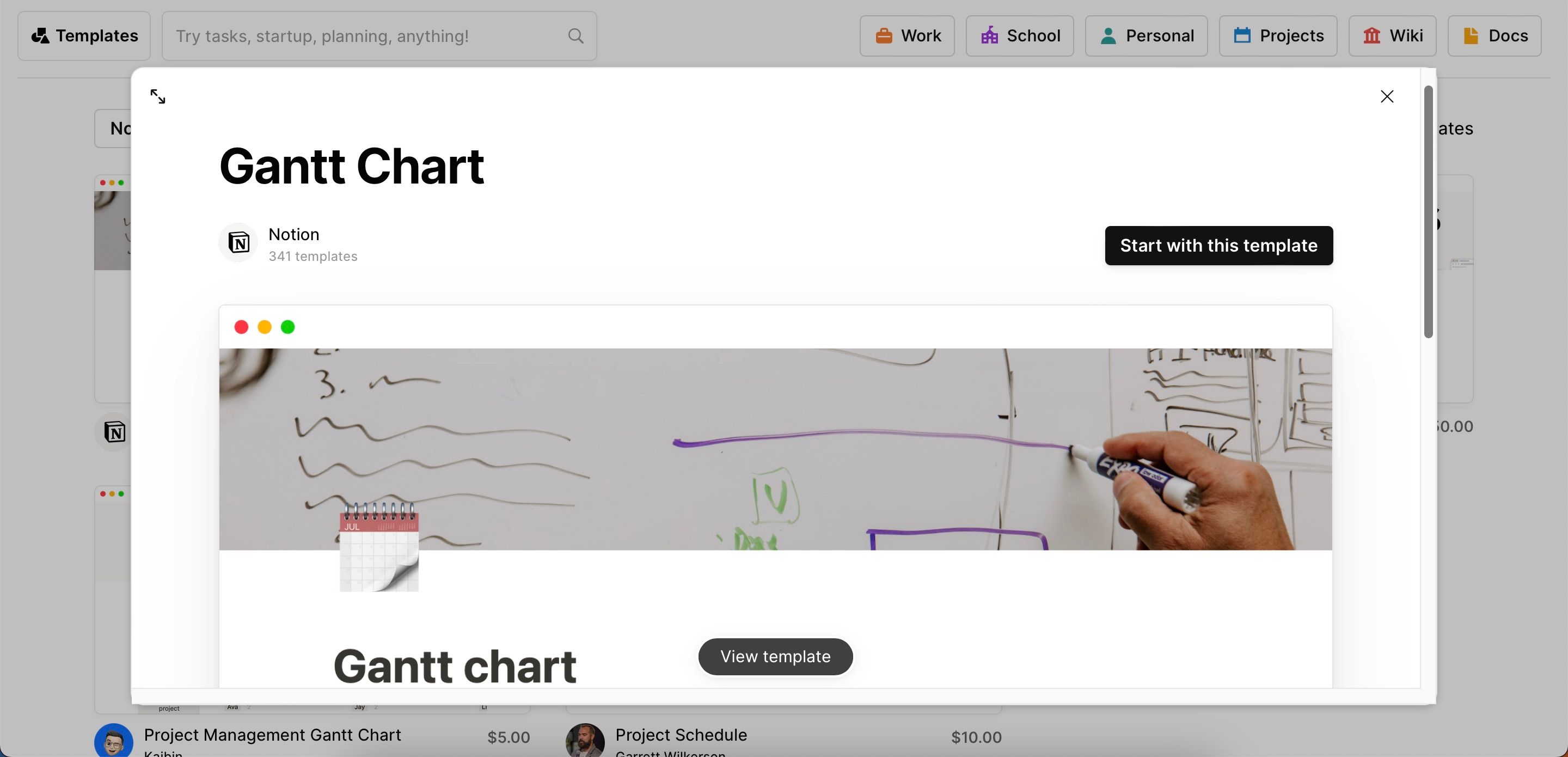 Выберите опцию Начать с этого шаблона, чтобы дублировать шаблон диаграммы Ганта в Notion