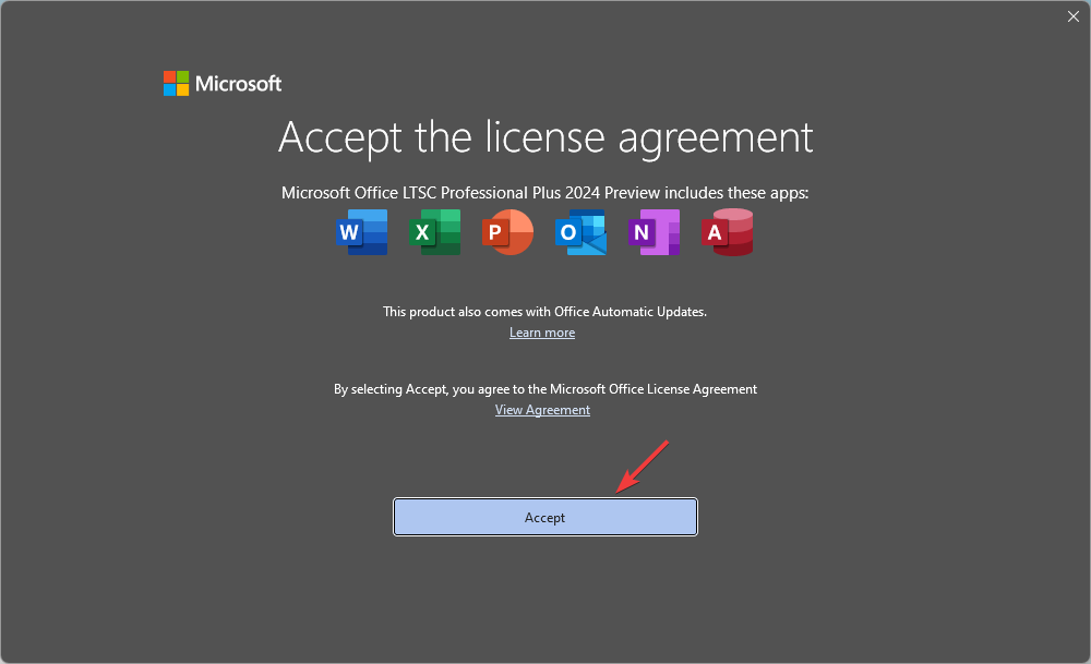 Диалог с кнопкой Принять в новом приложении Office