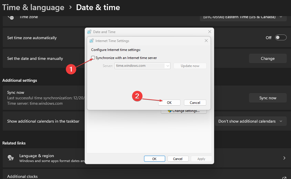 Включение синхронизации времени с сервером Интернета